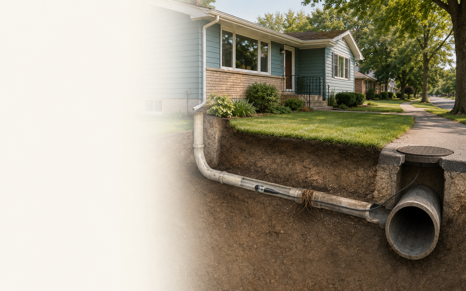 Cutaway illustration showing a private residential sewer lateral connecting a St. Louis Park home to the municipal sewer main